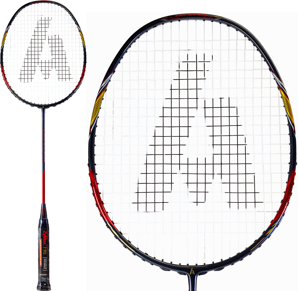 The Ashaway Superlight T5 SQ Badminton Racket - Black Red features yellow and red accents and a large stylized "A" on the strings. Images show the entire lightweight Ashaway racket plus a close-up of its head and string pattern.