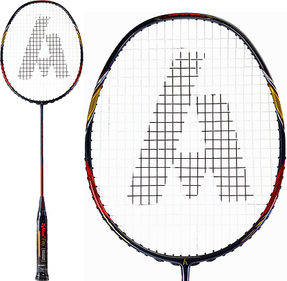 The Ashaway Superlight T5 SQ Badminton Racket - Black Red features yellow and red accents and a large stylized "A" on the strings. Images show the entire lightweight Ashaway racket plus a close-up of its head and string pattern.