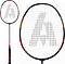 The Ashaway Superlight T5 SQ Badminton Racket - Black Red features yellow and red accents and a large stylized "A" on the strings. Images show the entire lightweight Ashaway racket plus a close-up of its head and string pattern.