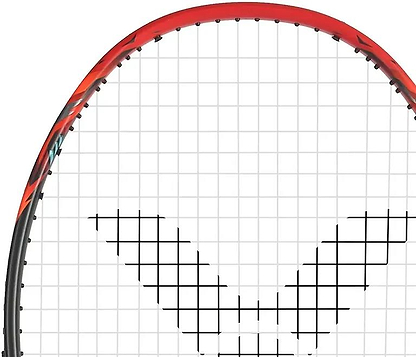 Close-up of the Victor Thruster Ryuga TD C 4U Badminton Racket by Victor, featuring a black and red frame, white strings with a black V-shaped pattern, and Power Box technology.