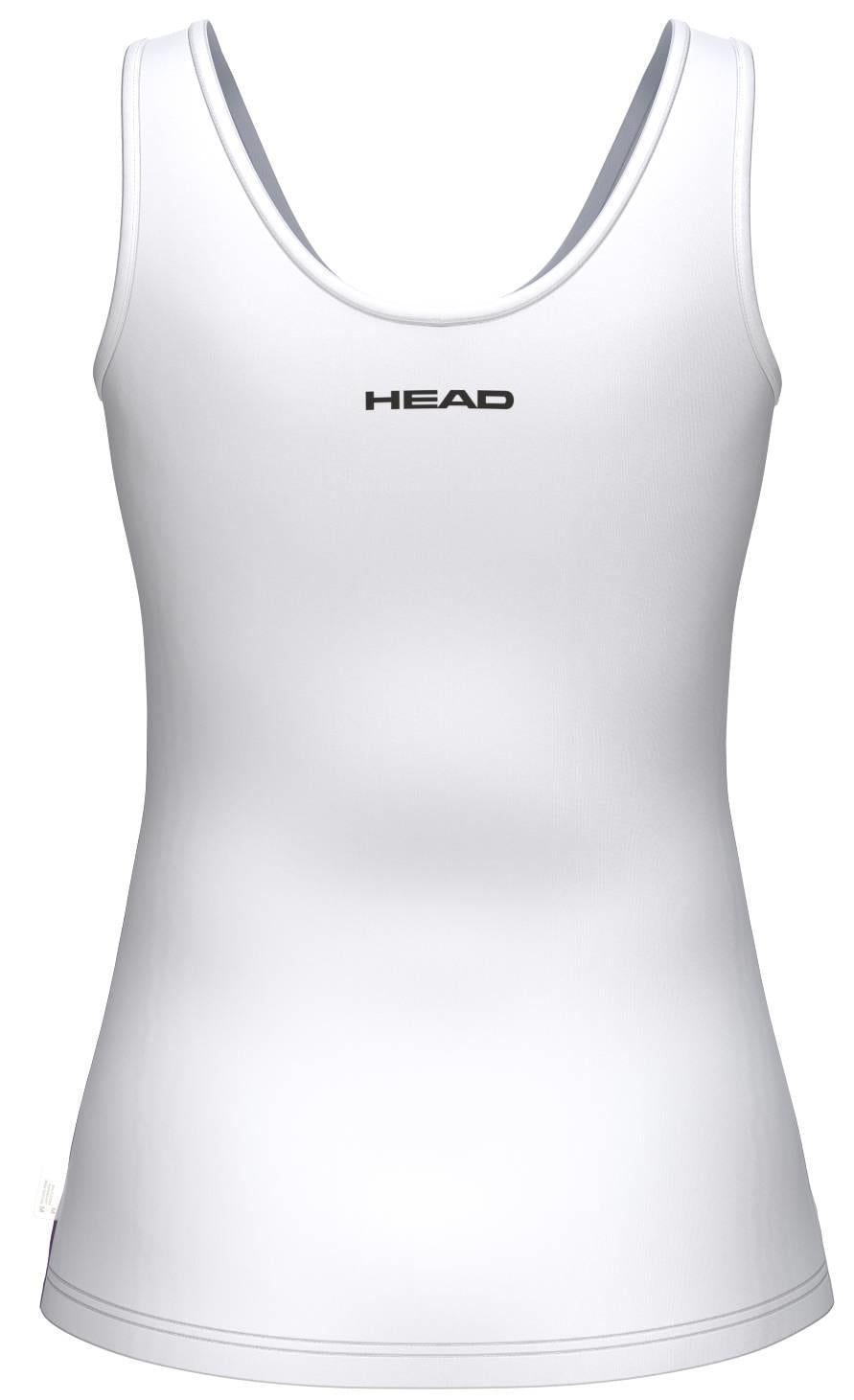 The HEAD Blur Womens Badminton Tank Top - PUXU is a sleeveless white tank for women with a scoop neckline, "HEAD" printed in black on the upper back, and moisture wicking fabric for comfortable play.