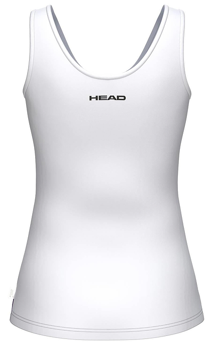 The HEAD Blur Womens Badminton Tank Top - PUXU is a sleeveless white tank for women with a scoop neckline, "HEAD" printed in black on the upper back, and moisture wicking fabric for comfortable play.