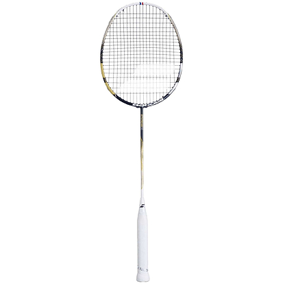 The Babolat Jetstream 80 4U Badminton Racket boasts a gold and black design with a stringed oval head and metallic shaft, enhancing maneuverability. It is showcased standing vertically against a plain white backdrop.