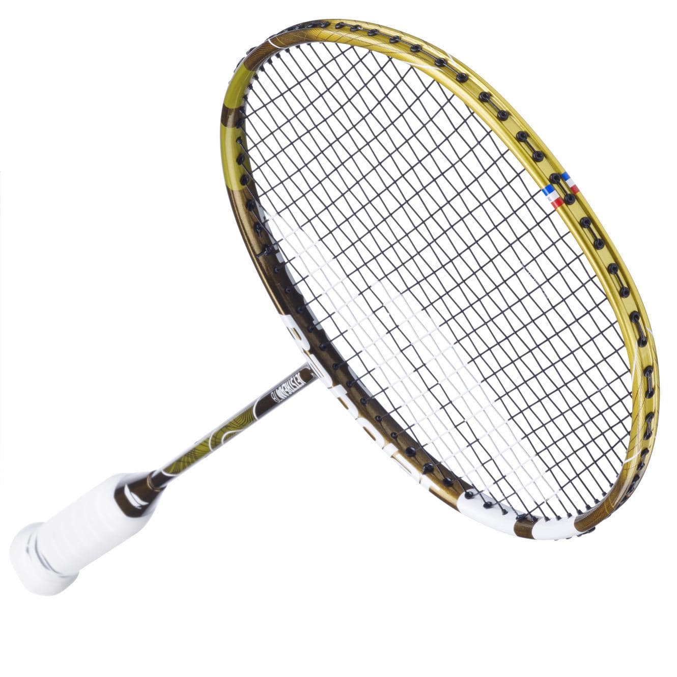 The Babolat Jetstream 78 5U is an ultra-light badminton racket with a gold/white frame, designed for enhanced maneuverability.