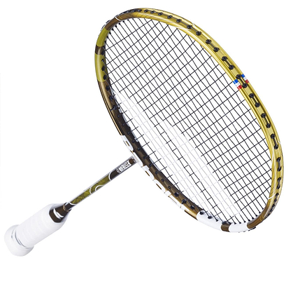 The Babolat Jetstream 78 5U is an ultra-light badminton racket with a gold/white frame, designed for enhanced maneuverability.