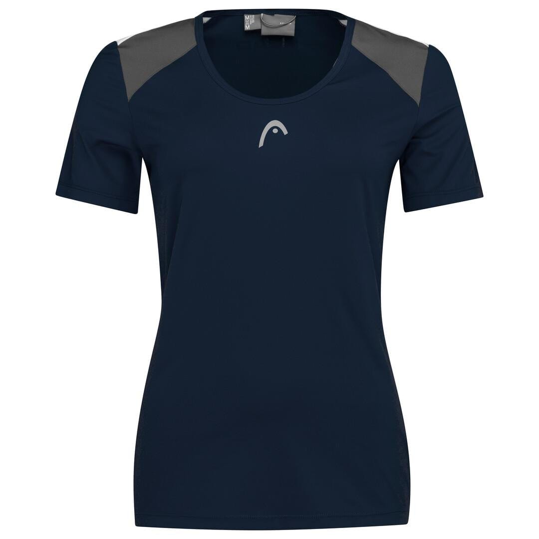 A dark blue HEAD Women's Club Tech 22 Badminton T-Shirt, featuring short sleeves and gray shoulder accents. Designed specifically for badminton, it showcases a small white HEAD logo on the front. Constructed with Moisture Transfer Microfibre Technology, this T-shirt offers a simple yet sporty design for optimal comfort and performance.