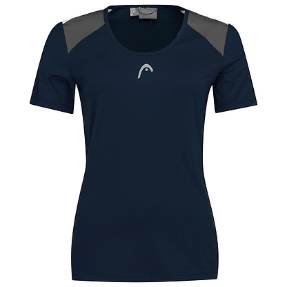 A dark blue HEAD Women's Club Tech 22 Badminton T-Shirt, featuring short sleeves and gray shoulder accents. Designed specifically for badminton, it showcases a small white HEAD logo on the front. Constructed with Moisture Transfer Microfibre Technology, this T-shirt offers a simple yet sporty design for optimal comfort and performance.