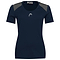 A dark blue HEAD Women's Club Tech 22 Badminton T-Shirt, featuring short sleeves and gray shoulder accents. Designed specifically for badminton, it showcases a small white HEAD logo on the front. Constructed with Moisture Transfer Microfibre Technology, this T-shirt offers a simple yet sporty design for optimal comfort and performance.