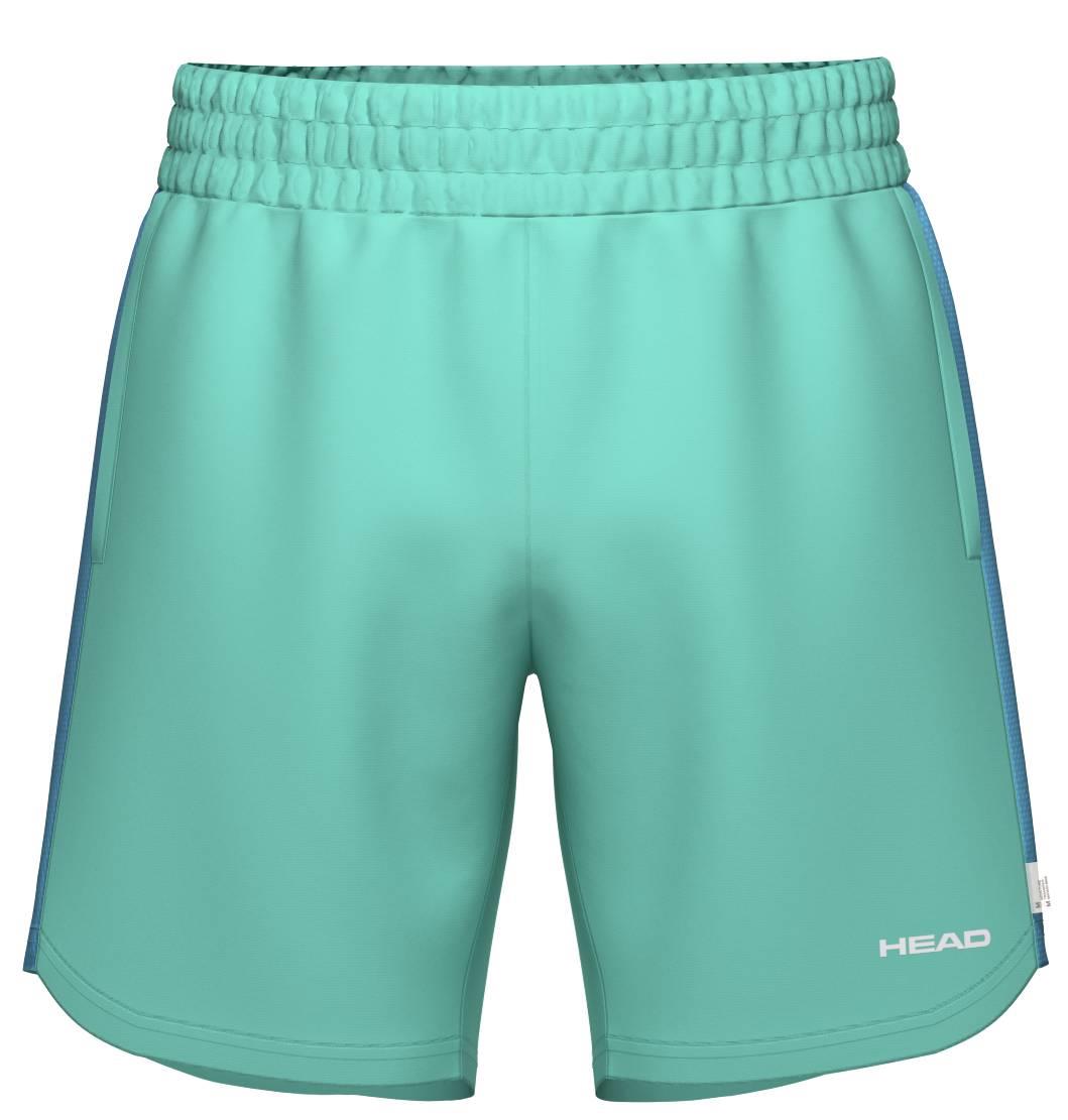 HEAD Power Men's Badminton Shorts in turquoise by HEAD, featuring an elastic waistband, blue side panels, and a white "HEAD" logo on the lower left leg—ideal for stylish comfort on court.