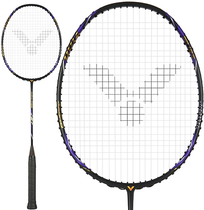 The Victor Auraspeed 7100 4U Badminton Racket by Victor features a black design with purple accents, a V-shaped pattern on the white stringing, and a comfortable black grip tape-wrapped handle.