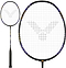 The Victor Auraspeed 7100 4U Badminton Racket by Victor features a black design with purple accents, a V-shaped pattern on the white stringing, and a comfortable black grip tape-wrapped handle.