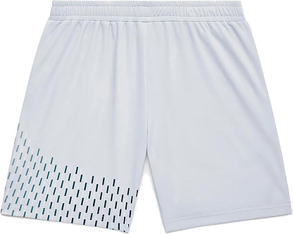 Yonex 15241EX Knit Men's Badminton Shorts in Silver Grey feature an elastic waistband, moisture-wicking fabric, a plain right leg, and small diagonal dark blue lines on the lower left leg. Laid flat on a white background.