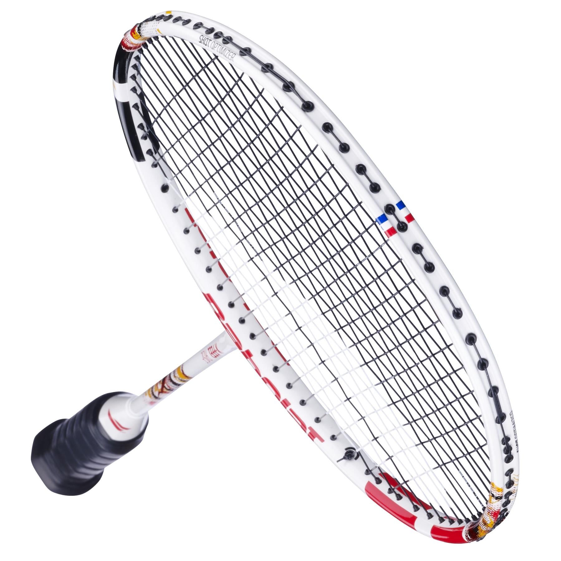 The Babolat X-Feel Rise 2026 3U Badminton Racket in white/red, by Babolat, features a sleek design with black strings and grip, photographed on a white background to highlight its style and performance potential.