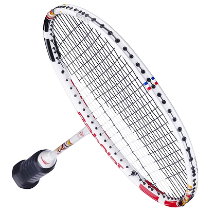 The Babolat X-Feel Rise 2026 3U Badminton Racket in white/red, by Babolat, features a sleek design with black strings and grip, photographed on a white background to highlight its style and performance potential.