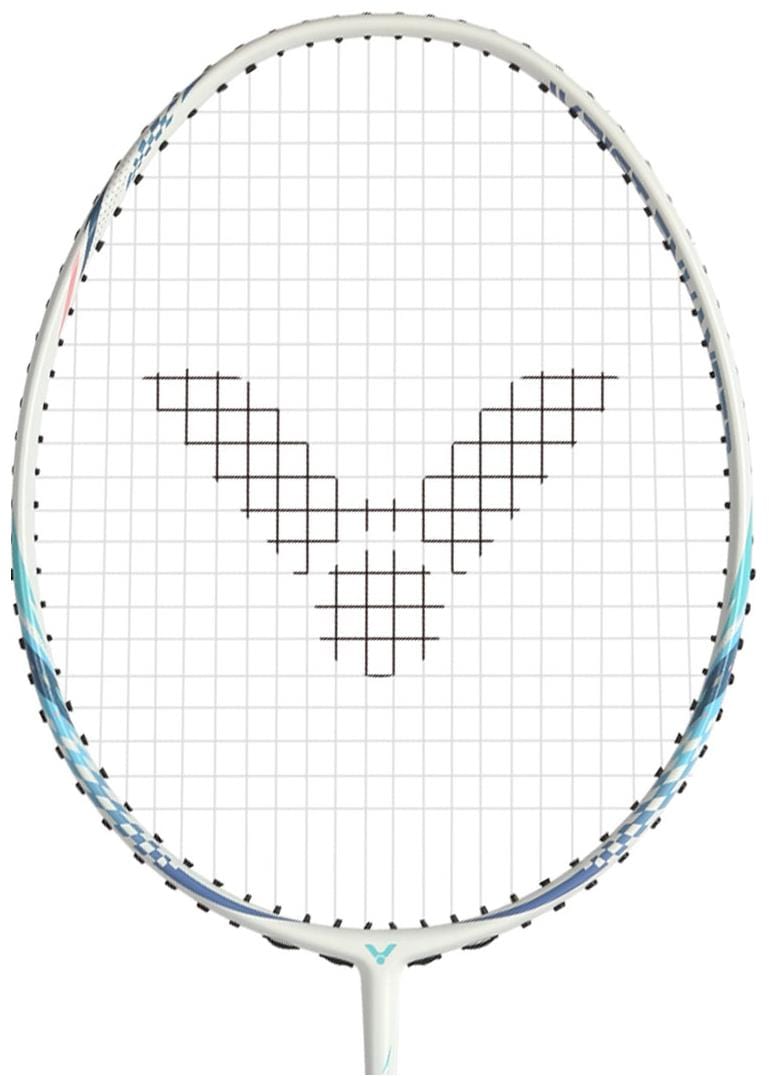 The Victor Wrist Enhancer 140 M Training Badminton Racket by Victor features a white design with light blue accents and black strings forming a "V" shape pattern at the center of the racket head.