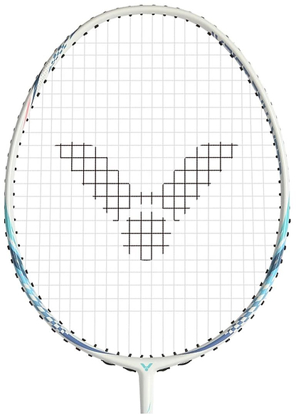The Victor Wrist Enhancer 140 M Training Badminton Racket by Victor features a white design with light blue accents and black strings forming a "V" shape pattern at the center of the racket head.