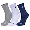 The Babolat Long Socks (3 Pack) in White, Blue, and Grey feature a small logo near the top and on the toe area. These socks are designed by Babolat with ribbed cuffs for comfort and breathability, offering a snug fit for all-day wear.