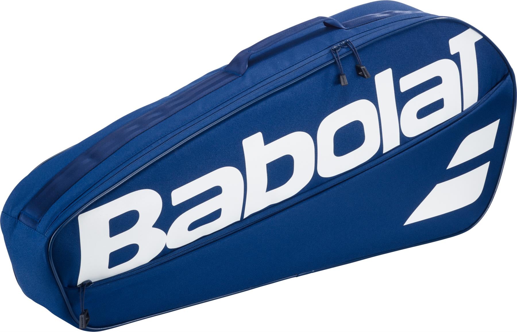 The Babolat Court XS 3 Racket Badminton Bag in blue features white branding, a zippered compartment, and a top carrying handle—ideal for stylishly carrying your badminton rackets and gear.