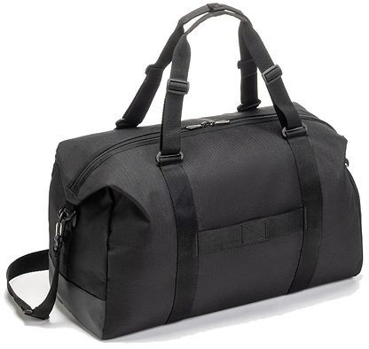 The Yonex BA72611EX Gearlogic Badminton Boston Bag in black features recycled polyester, two handles, an adjustable shoulder strap, and a zippered main compartment, shown against a white background.