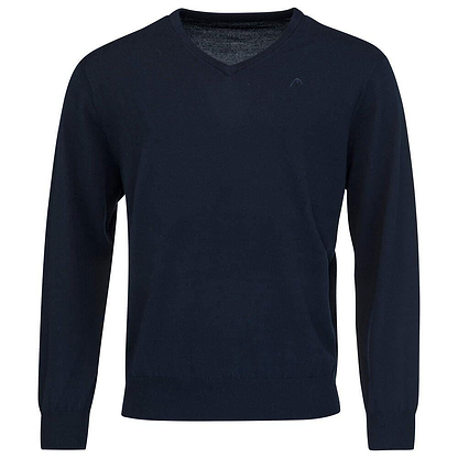 A stylish and comfortable dark blue V-neck sweater with long sleeves, laid flat. This HEAD Men's Pullover Jumper is made from soft Merino wool and features a plain design with ribbed cuffs and hem.