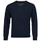 A stylish and comfortable dark blue V-neck sweater with long sleeves, laid flat. This HEAD Men's Pullover Jumper is made from soft Merino wool and features a plain design with ribbed cuffs and hem.