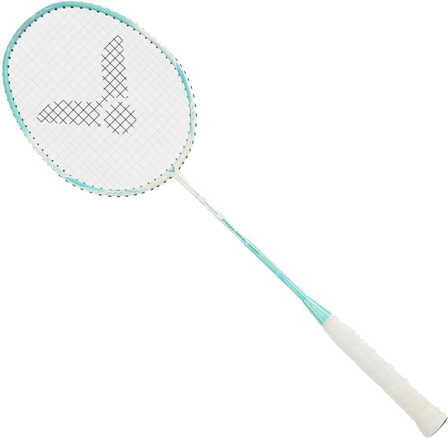 The Victor Thruster Ryuga Sport R 3U Badminton Racket by Victor features a green design, making it ideal for beginner to intermediate players seeking performance and style on the court.