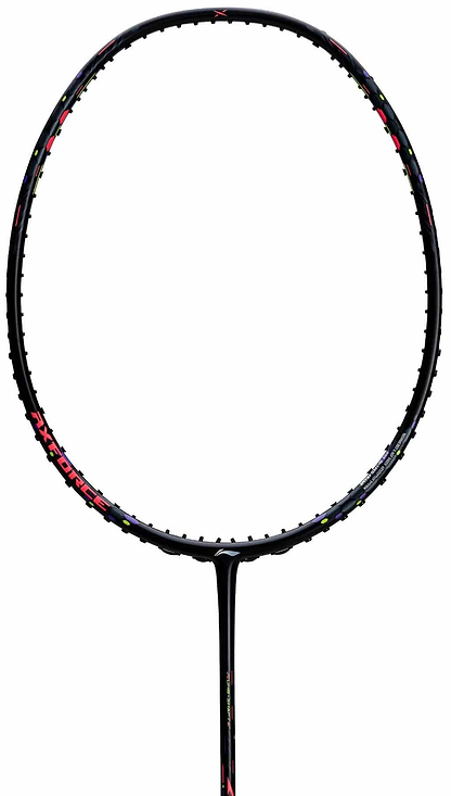 The Li-Ning Axforce 40 3U Badminton Racket in black/red features a slim TB Nano Carbon Fibre shaft and an unstrung oval frame, displayed on a white background.