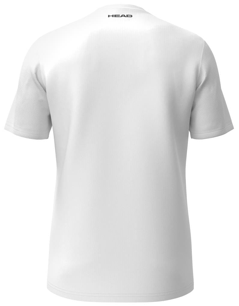 The BACK of the HEAD Club Tech 25 Men's Badminton T-Shirt showcases only the brand name "HEAD" near the neckline. Made from Moisture Transfer Microfiber, it offers comfort and a sporty premium style with its sleek, graphic-free design.