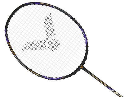 The Victor Auraspeed 7100 4U Badminton Racket in black by Victor features a white string bed with a black triangular logo, combining style and performance—perfect for beginners.