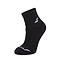 One black ankle sock from the Babolat Quarter Badminton Socks 3 Pack offers exceptional comfort and breathability, complete with a white stylized "B" logo on the side. Perfectly suited for badminton, it's showcased against a plain white background.