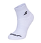 The Babolat Quarter Badminton Socks 3 Pack in white features a single sock with a black logo and design on the side and toe. These socks, displayed against a plain white background, provide unmatched comfort and breathability.