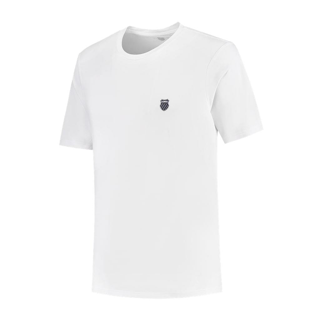 A K-Swiss Hypercourt Basic Crew men's badminton T-shirt in plain white, featuring short sleeves and a round neckline with a small, dark-colored Hypercourt logo on the left chest, is displayed against a plain white background.