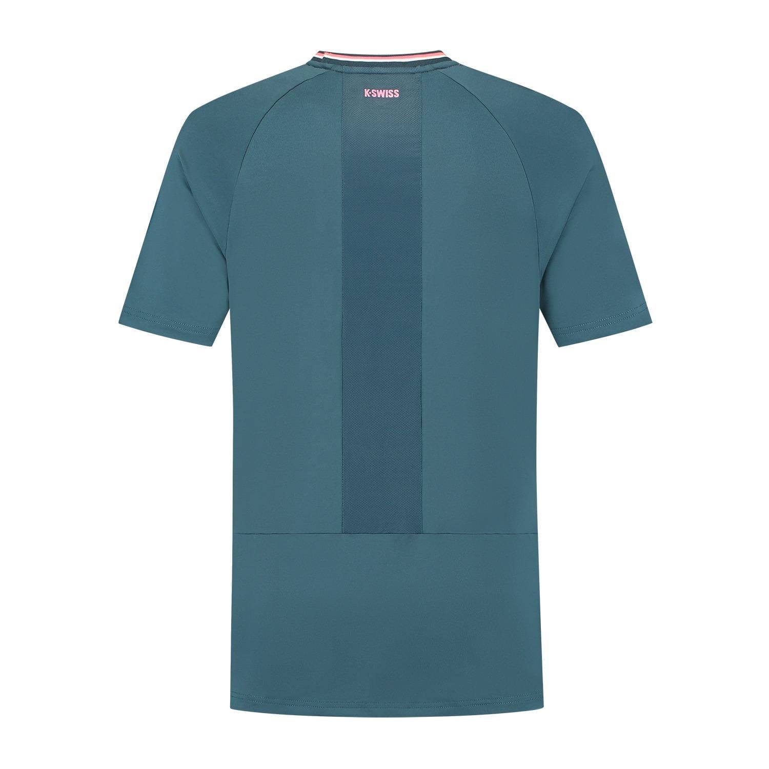 The back of the K-Swiss Hypercourt Mesh Crew 4 Men's Badminton T-Shirt in 'Stargazer' shows short sleeves and a subtle darker vertical stripe down the center, with the K-SWISS logo in red and white near the neck.