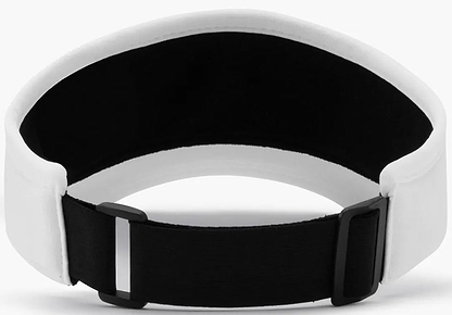 A close-up of the Yonex 40126EX Badminton Visor - White by Yonex shows its white headband, black adjustable strap with buckle, and the inner lining, viewed from the back to highlight the fastener.