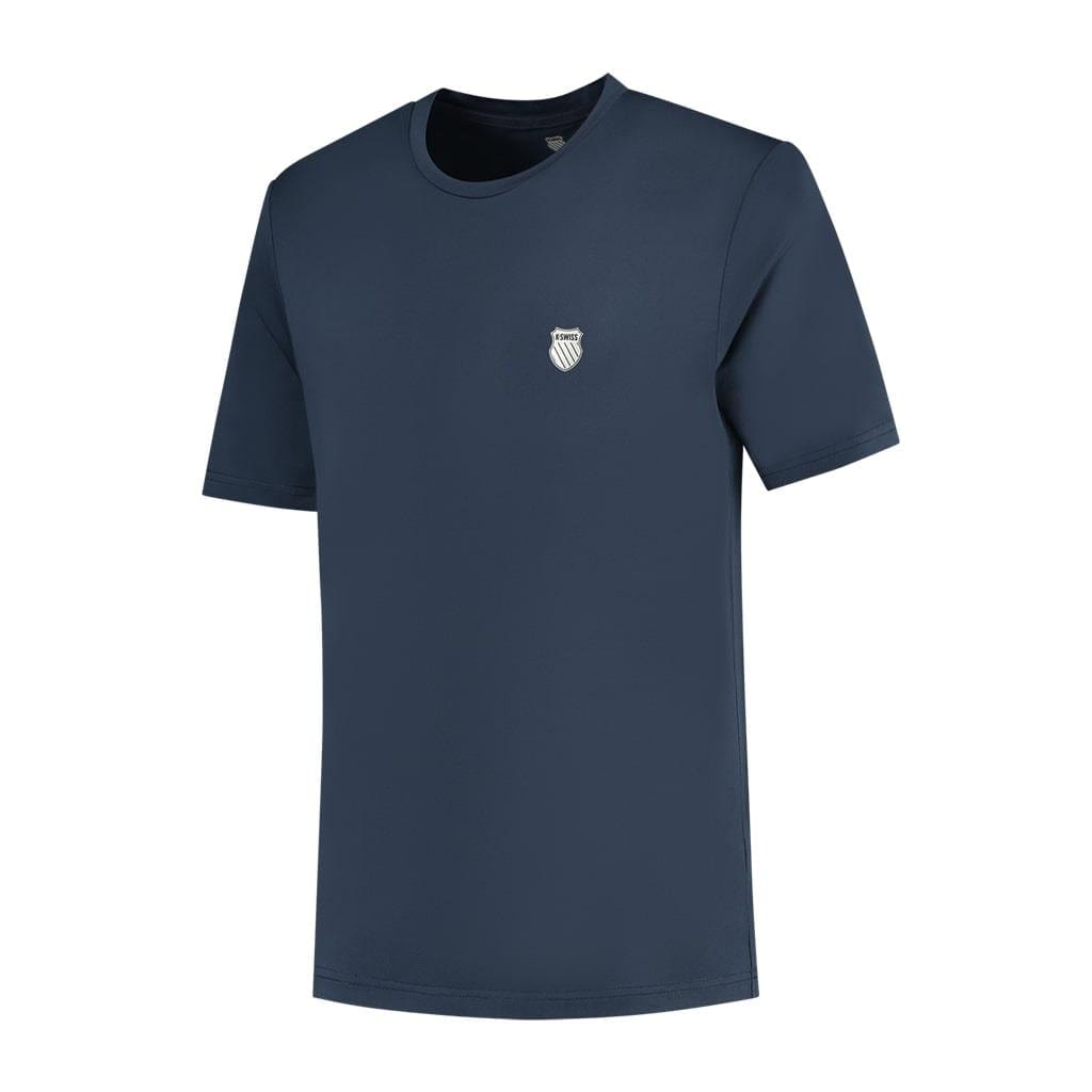 A peacoat-colored Men's T-Shirt featuring short sleeves and a small, white shield emblem on the upper left chest. This K-Swiss Hypercourt Basic Crew shirt provides a simple, clean design against a plain white background.