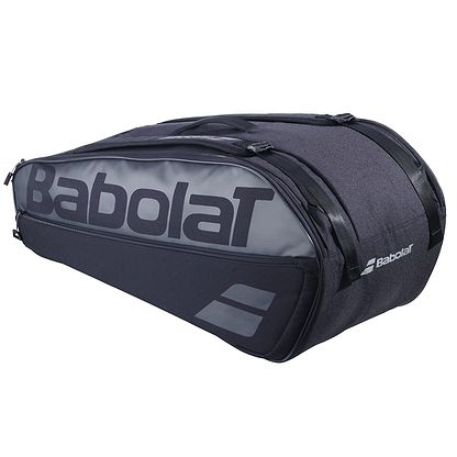 The Babolat Court L 9 Racket Badminton Bag in black features a durable design with multiple compartments and a soft texture. It prominently displays the brand logo, offering a sleek, modern look while being eco-friendly.