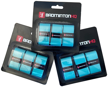 Three packs of teal BadmintonHQ 3 Pack Badminton Overgrips with sweat-absorption are shown overlapping. The black packaging features a red and white BadmintonHQ logo and clear windows displaying the teal grips inside.