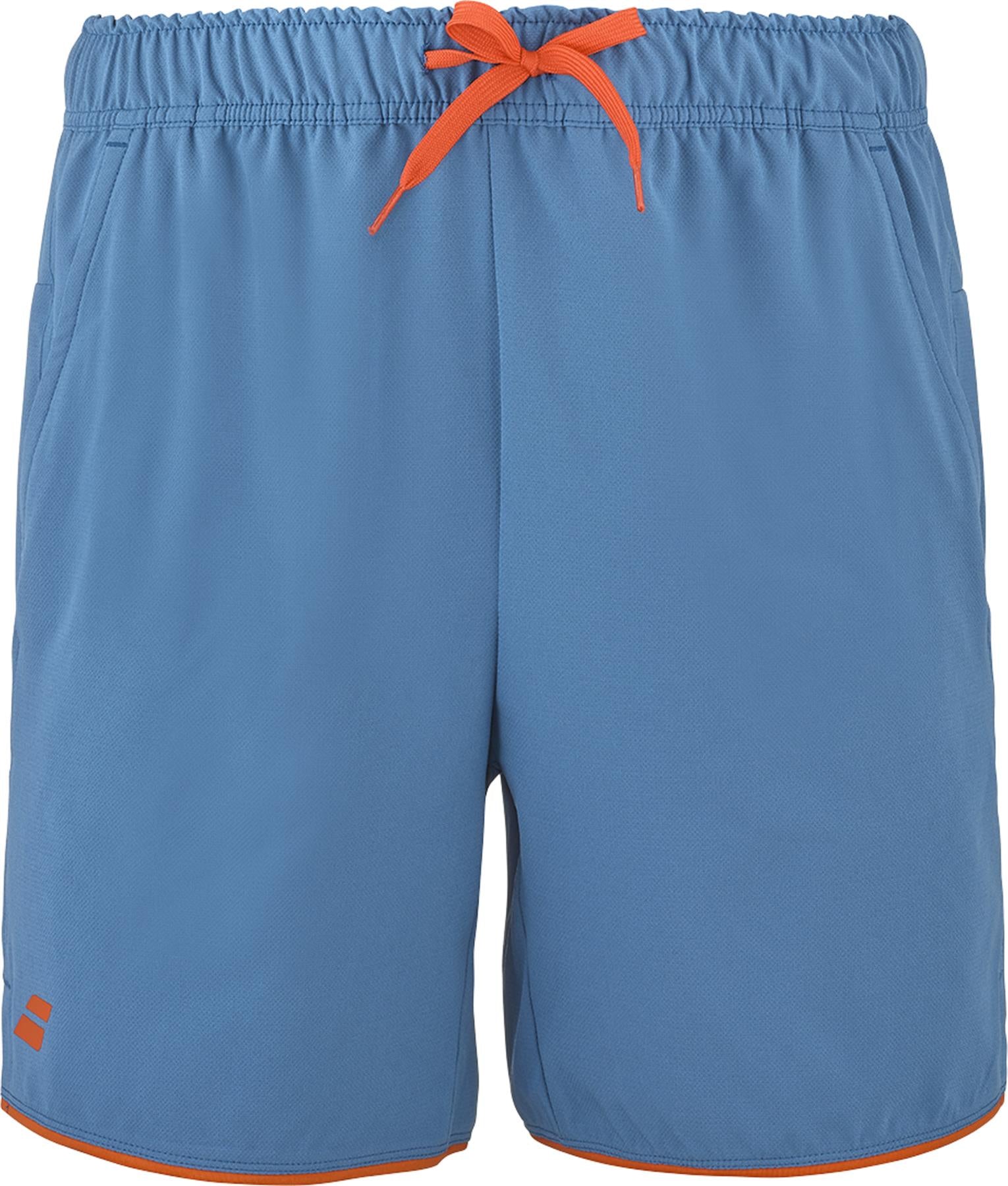 The Babolat Perf Men's Badminton Shorts in Seaport feature an elastic waistband with orange drawstring, side pockets, small orange logo by the left hem, and an orange inner lining—ideal for performance on the badminton court.