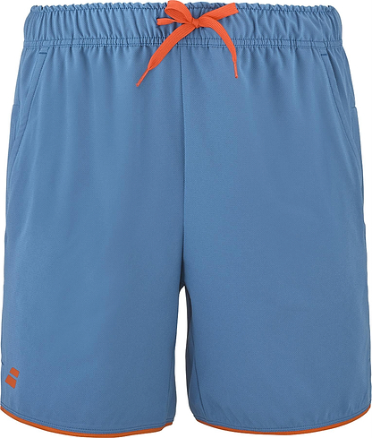 The Babolat Perf Men's Badminton Shorts in Seaport feature an elastic waistband with orange drawstring, side pockets, small orange logo by the left hem, and an orange inner lining—ideal for performance on the badminton court.
