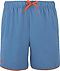 The Babolat Perf Men's Badminton Shorts in Seaport feature an elastic waistband with orange drawstring, side pockets, small orange logo by the left hem, and an orange inner lining—ideal for performance on the badminton court.