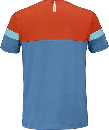 Back view of the Babolat Crew Neck Mens Badminton T-Shirt - Seaport featuring an orange top, light blue sleeve stripes, blue lower section, and a small white logo on the left sleeve. Brand: Babolat.