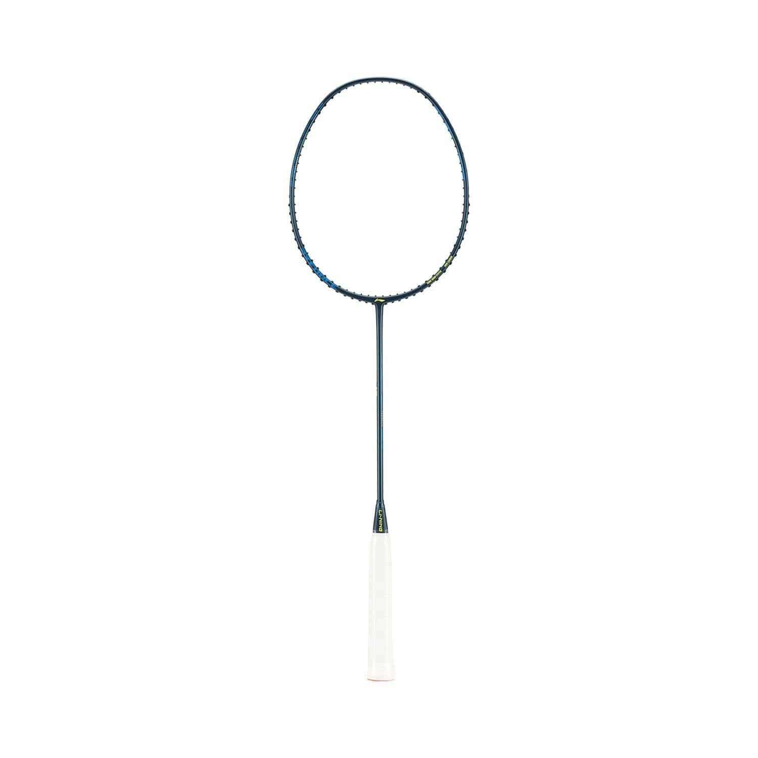 The Li-Ning Axforce 10 4U Badminton Racket in Indigo, featuring a sleek dark frame and white grip, is centered on a plain white background.