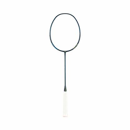 The Li-Ning Axforce 10 4U Badminton Racket in Indigo, featuring a sleek dark frame and white grip, is centered on a plain white background.