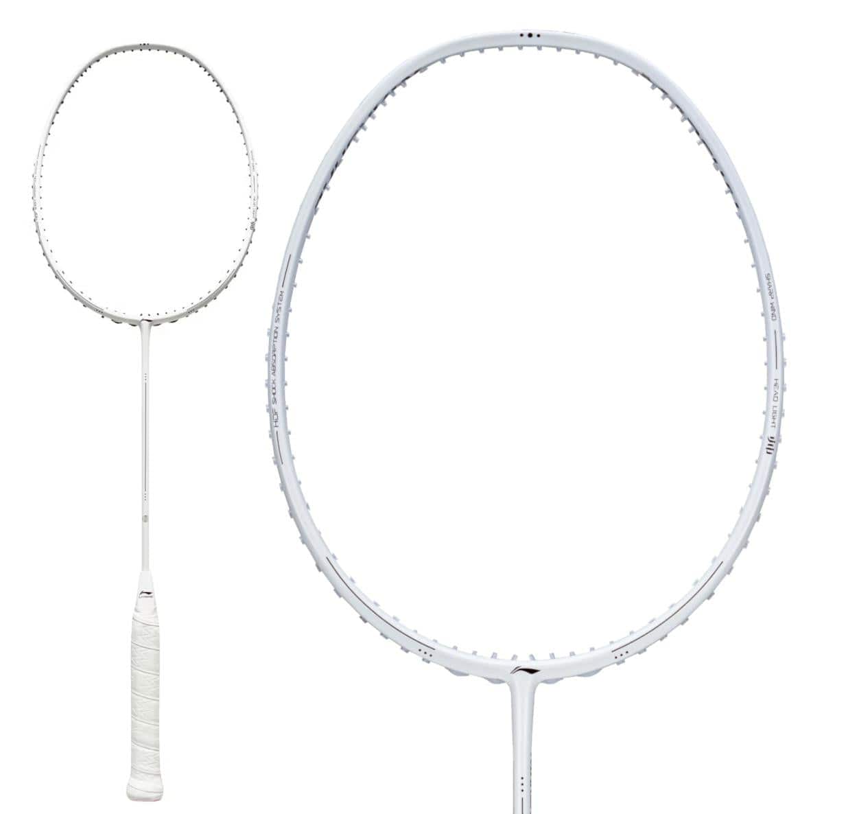 A Li-Ning Turbo Charging Marshal 4U Badminton Racket - White (Strung) is displayed, featuring a full view on the left and a close-up of the racket head on the right, both set against a plain white background.