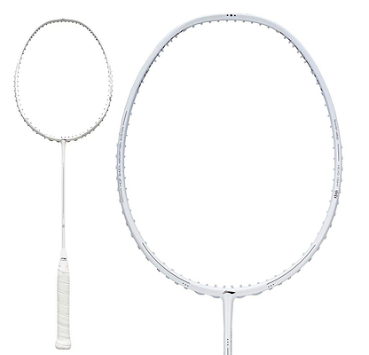 A Li-Ning Turbo Charging Marshal 4U Badminton Racket - White (Strung) is displayed, featuring a full view on the left and a close-up of the racket head on the right, both set against a plain white background.