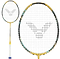 The Victor Thruster F C Ultra X Badminton Racket by Victor, shown in gold with a head-heavy balance, features a white grip and a black logo on the strings; images include both full view and close-up of the racket head.