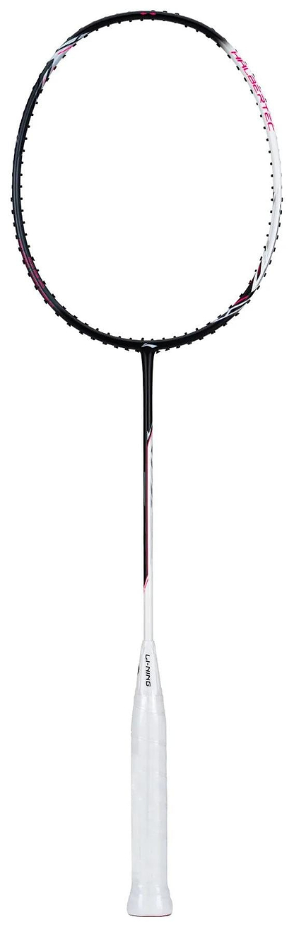 The Li-Ning Halbertec 2000 3U Badminton Racket - Cool Ebony features a black-and-white design with a white grip and circular head, renowned for its precise swing weight balance, displayed against a plain white background.