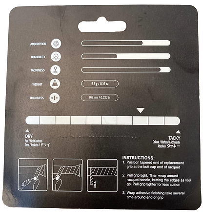 BadmintonHQ 3 Pack Badminton Overgrips - Sunset Yellow come in black packaging with white icons rating grip absorption, durability, tackiness, weight (5.5g), and thickness (0.6mm), plus easy install diagrams for your tacky badminton grip.