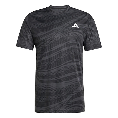 The ADIDAS Men's Club Graphic Badminton T-Shirt is made from 100% recycled materials with AEROREADY for comfort. This black and gray shirt features a wavy pattern, a small white chest logo, a round neckline, and short sleeves.