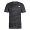 The ADIDAS Men's Club Graphic Badminton T-Shirt is made from 100% recycled materials with AEROREADY for comfort. This black and gray shirt features a wavy pattern, a small white chest logo, a round neckline, and short sleeves.